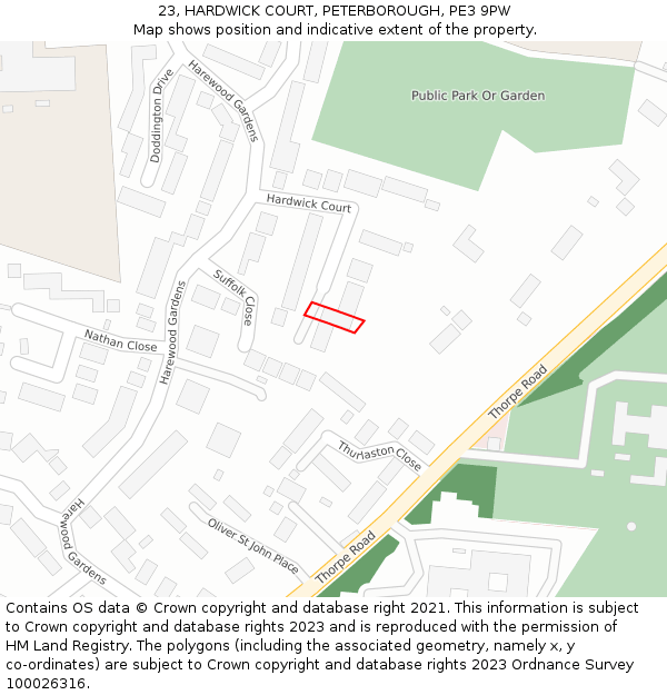23, HARDWICK COURT, PETERBOROUGH, PE3 9PW: Location map and indicative extent of plot