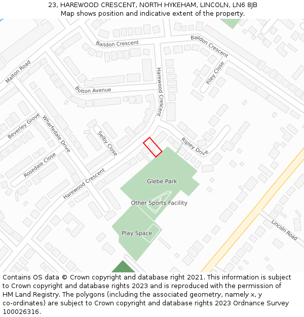 23, HAREWOOD CRESCENT, NORTH HYKEHAM, LINCOLN, LN6 8JB: Location map and indicative extent of plot