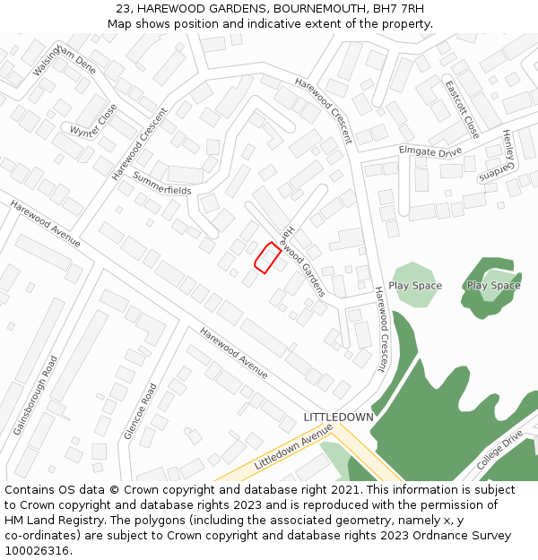23, HAREWOOD GARDENS, BOURNEMOUTH, BH7 7RH: Location map and indicative extent of plot