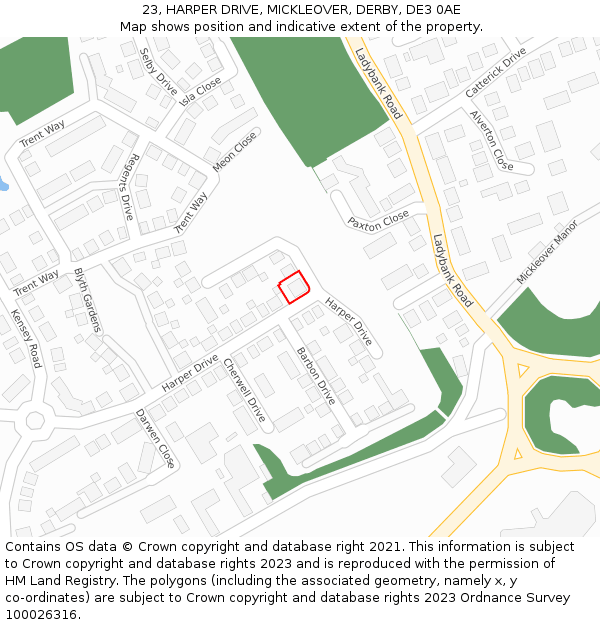 23, HARPER DRIVE, MICKLEOVER, DERBY, DE3 0AE: Location map and indicative extent of plot