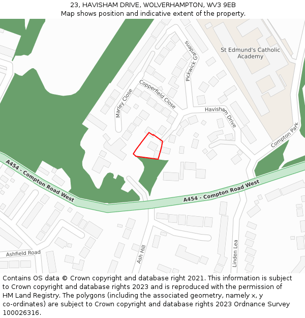 23, HAVISHAM DRIVE, WOLVERHAMPTON, WV3 9EB: Location map and indicative extent of plot