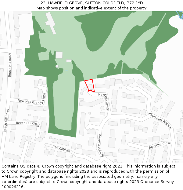 23, HAWFIELD GROVE, SUTTON COLDFIELD, B72 1YD: Location map and indicative extent of plot