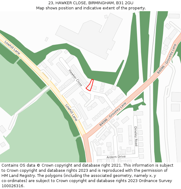 23, HAWKER CLOSE, BIRMINGHAM, B31 2GU: Location map and indicative extent of plot