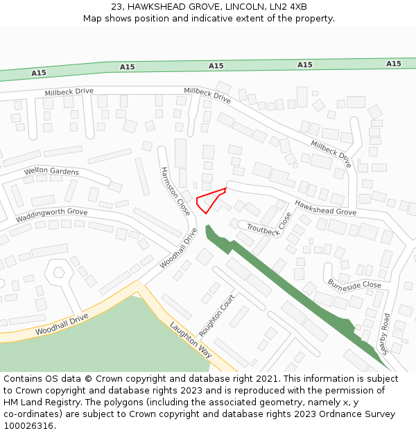 23, HAWKSHEAD GROVE, LINCOLN, LN2 4XB: Location map and indicative extent of plot