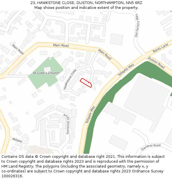 23, HAWKSTONE CLOSE, DUSTON, NORTHAMPTON, NN5 6RZ: Location map and indicative extent of plot