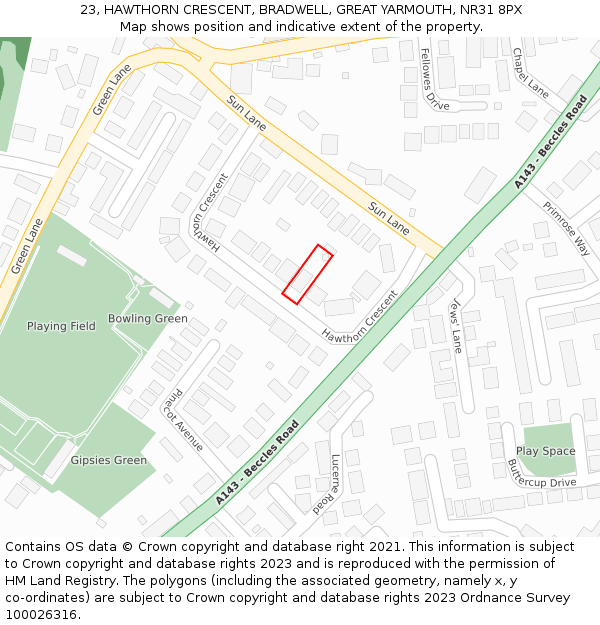 23, HAWTHORN CRESCENT, BRADWELL, GREAT YARMOUTH, NR31 8PX: Location map and indicative extent of plot
