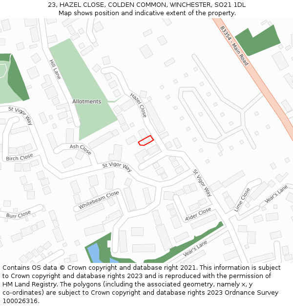 23, HAZEL CLOSE, COLDEN COMMON, WINCHESTER, SO21 1DL: Location map and indicative extent of plot