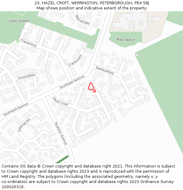23, HAZEL CROFT, WERRINGTON, PETERBOROUGH, PE4 5BJ: Location map and indicative extent of plot