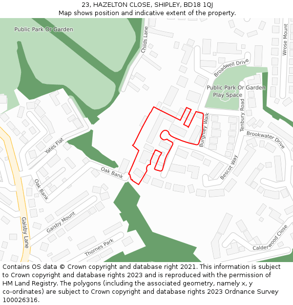 23, HAZELTON CLOSE, SHIPLEY, BD18 1QJ: Location map and indicative extent of plot