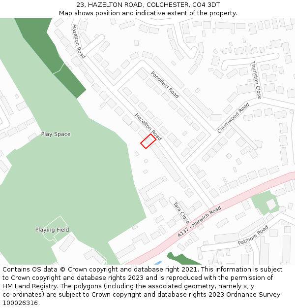 23, HAZELTON ROAD, COLCHESTER, CO4 3DT: Location map and indicative extent of plot