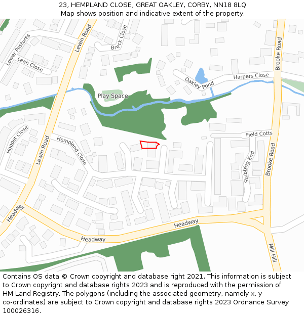 23, HEMPLAND CLOSE, GREAT OAKLEY, CORBY, NN18 8LQ: Location map and indicative extent of plot