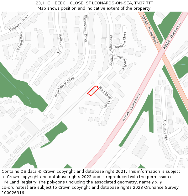 23, HIGH BEECH CLOSE, ST LEONARDS-ON-SEA, TN37 7TT: Location map and indicative extent of plot