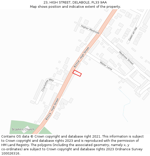 23, HIGH STREET, DELABOLE, PL33 9AA: Location map and indicative extent of plot