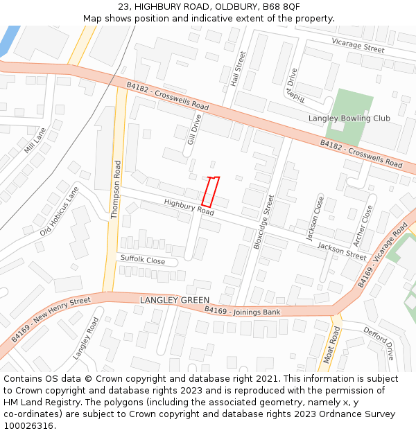 23, HIGHBURY ROAD, OLDBURY, B68 8QF: Location map and indicative extent of plot