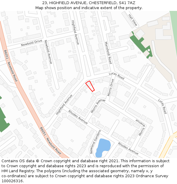 23, HIGHFIELD AVENUE, CHESTERFIELD, S41 7AZ: Location map and indicative extent of plot
