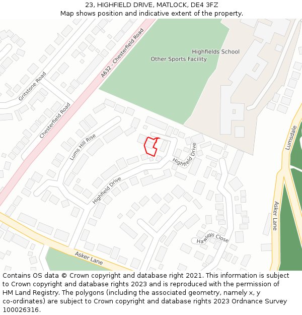 23, HIGHFIELD DRIVE, MATLOCK, DE4 3FZ: Location map and indicative extent of plot