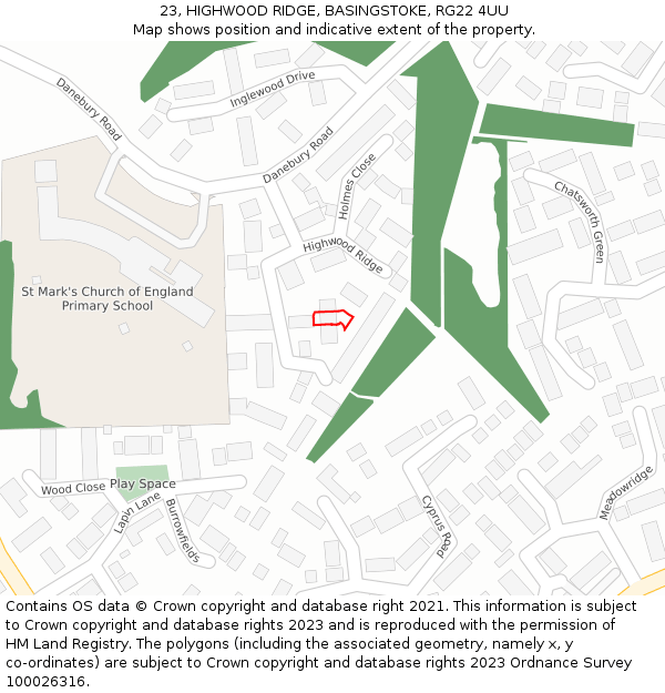 23, HIGHWOOD RIDGE, BASINGSTOKE, RG22 4UU: Location map and indicative extent of plot