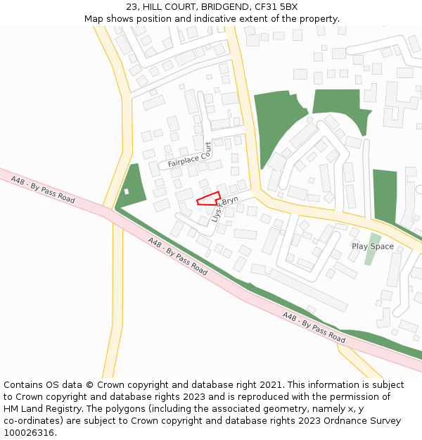 23, HILL COURT, BRIDGEND, CF31 5BX: Location map and indicative extent of plot