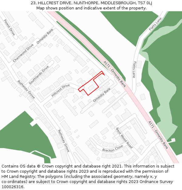 23, HILLCREST DRIVE, NUNTHORPE, MIDDLESBROUGH, TS7 0LJ: Location map and indicative extent of plot