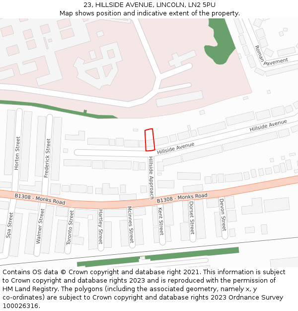 23, HILLSIDE AVENUE, LINCOLN, LN2 5PU: Location map and indicative extent of plot