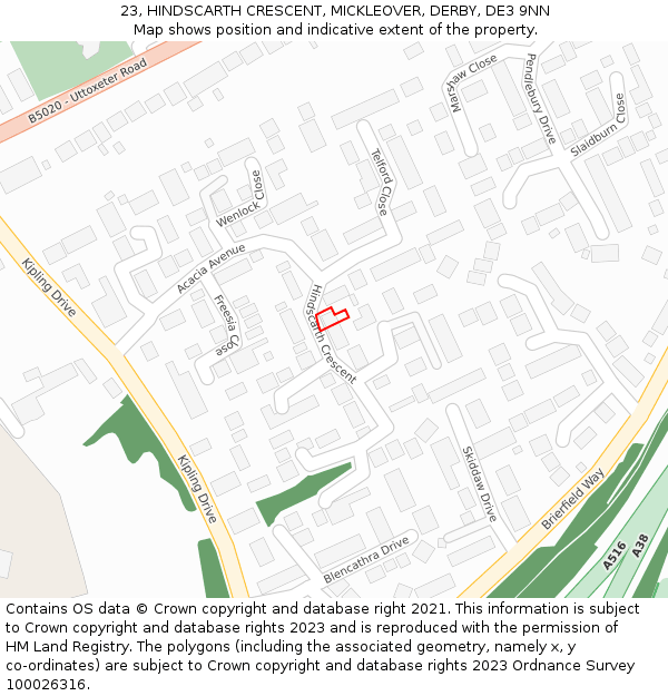23, HINDSCARTH CRESCENT, MICKLEOVER, DERBY, DE3 9NN: Location map and indicative extent of plot