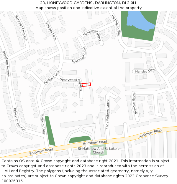 23, HONEYWOOD GARDENS, DARLINGTON, DL3 0LL: Location map and indicative extent of plot