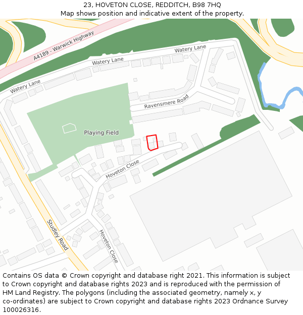 23, HOVETON CLOSE, REDDITCH, B98 7HQ: Location map and indicative extent of plot