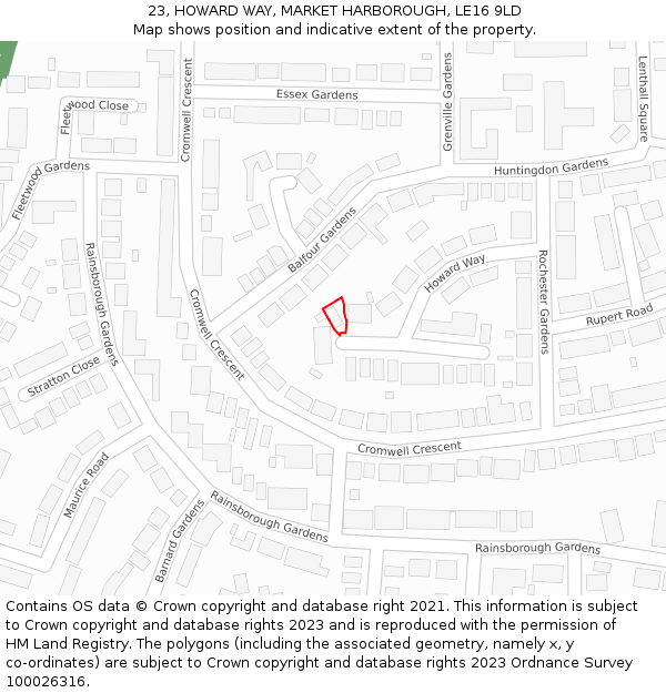 23, HOWARD WAY, MARKET HARBOROUGH, LE16 9LD: Location map and indicative extent of plot