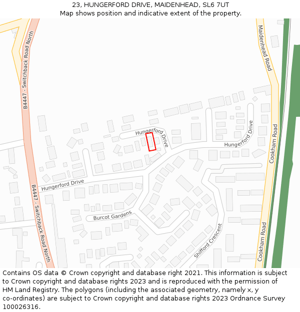 23, HUNGERFORD DRIVE, MAIDENHEAD, SL6 7UT: Location map and indicative extent of plot