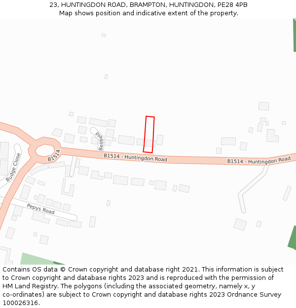 23, HUNTINGDON ROAD, BRAMPTON, HUNTINGDON, PE28 4PB: Location map and indicative extent of plot