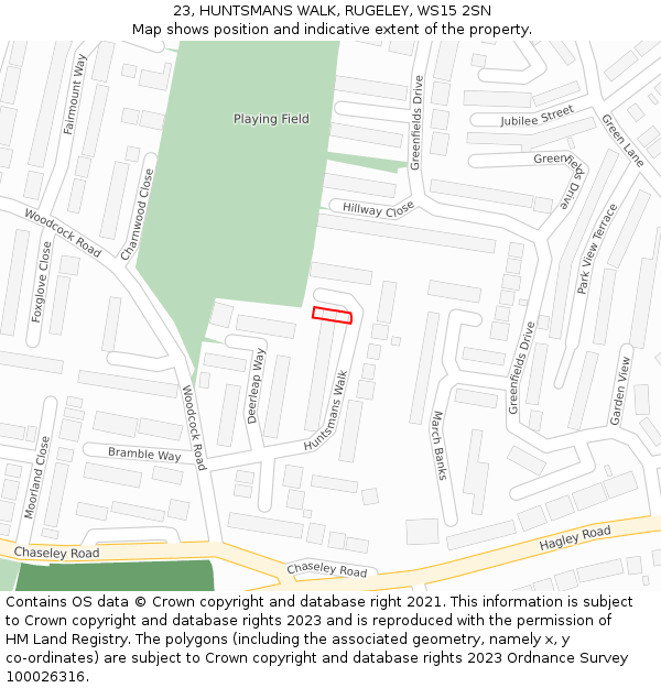 23, HUNTSMANS WALK, RUGELEY, WS15 2SN: Location map and indicative extent of plot