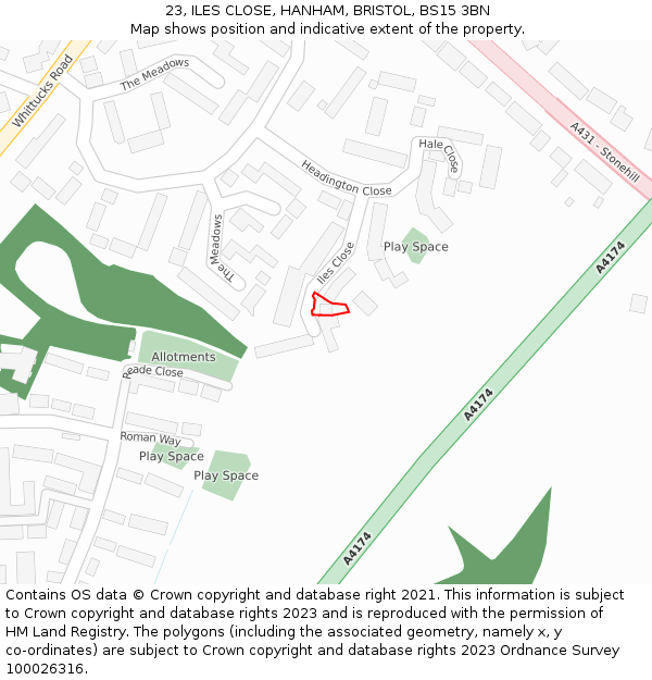 23, ILES CLOSE, HANHAM, BRISTOL, BS15 3BN: Location map and indicative extent of plot