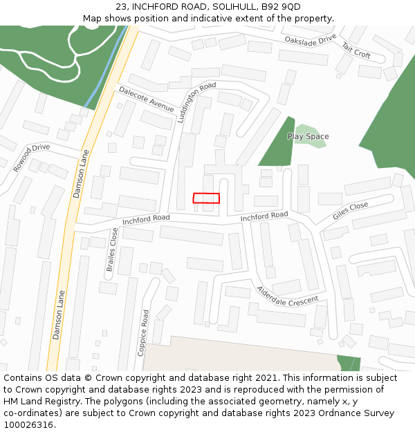 23, INCHFORD ROAD, SOLIHULL, B92 9QD: Location map and indicative extent of plot