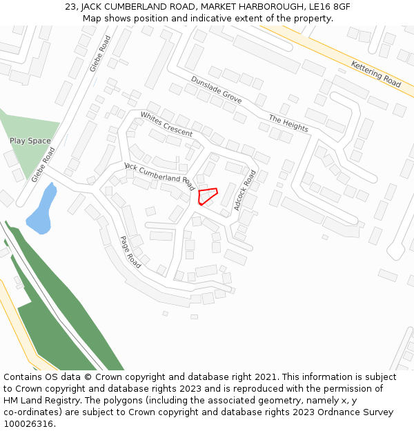 23, JACK CUMBERLAND ROAD, MARKET HARBOROUGH, LE16 8GF: Location map and indicative extent of plot