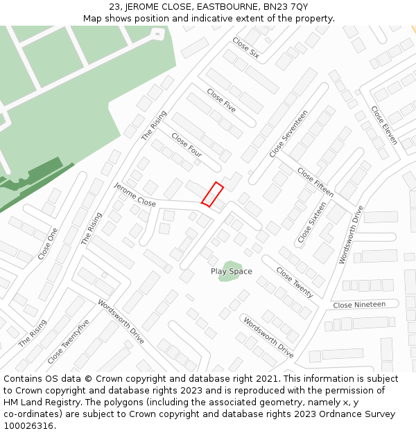 23, JEROME CLOSE, EASTBOURNE, BN23 7QY: Location map and indicative extent of plot