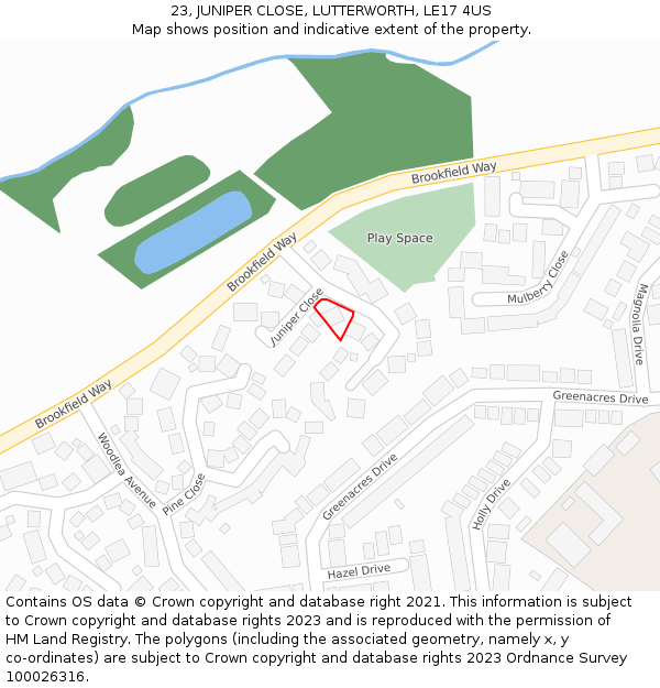 23, JUNIPER CLOSE, LUTTERWORTH, LE17 4US: Location map and indicative extent of plot