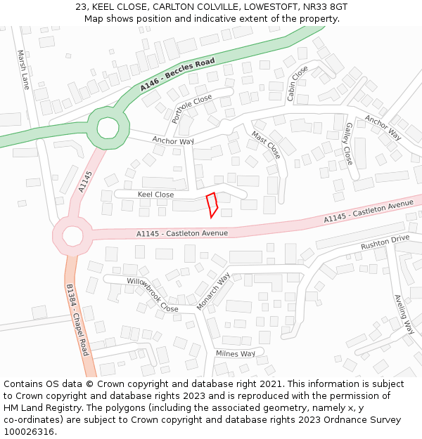 23, KEEL CLOSE, CARLTON COLVILLE, LOWESTOFT, NR33 8GT: Location map and indicative extent of plot