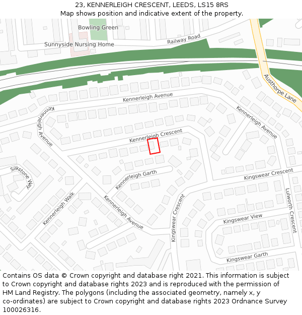 23, KENNERLEIGH CRESCENT, LEEDS, LS15 8RS: Location map and indicative extent of plot