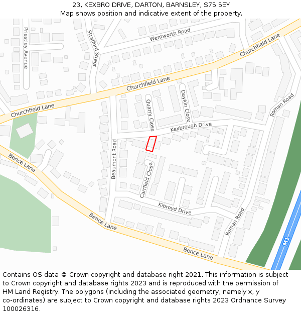 23, KEXBRO DRIVE, DARTON, BARNSLEY, S75 5EY: Location map and indicative extent of plot