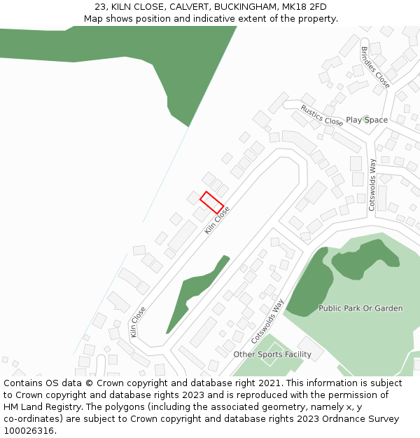 23, KILN CLOSE, CALVERT, BUCKINGHAM, MK18 2FD: Location map and indicative extent of plot
