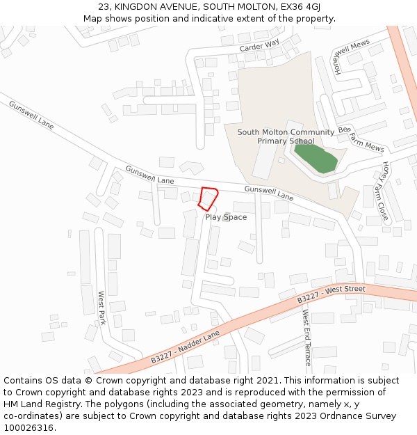 23, KINGDON AVENUE, SOUTH MOLTON, EX36 4GJ: Location map and indicative extent of plot