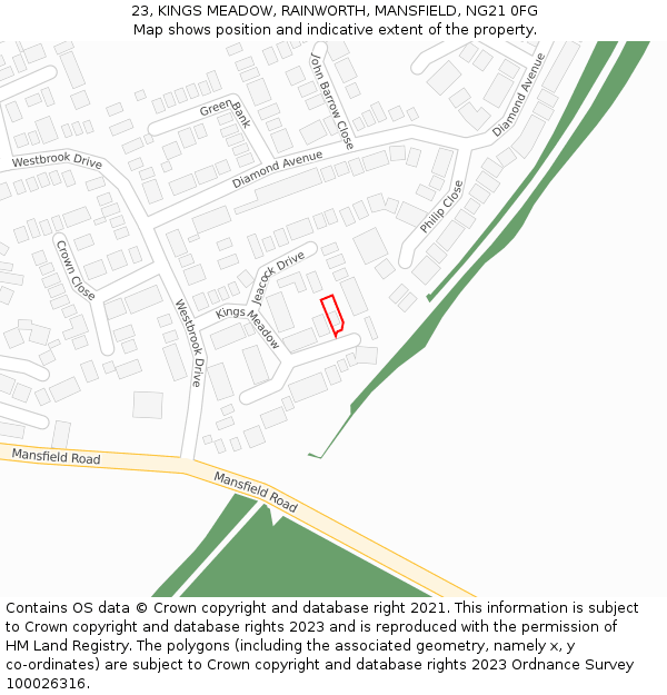 23, KINGS MEADOW, RAINWORTH, MANSFIELD, NG21 0FG: Location map and indicative extent of plot