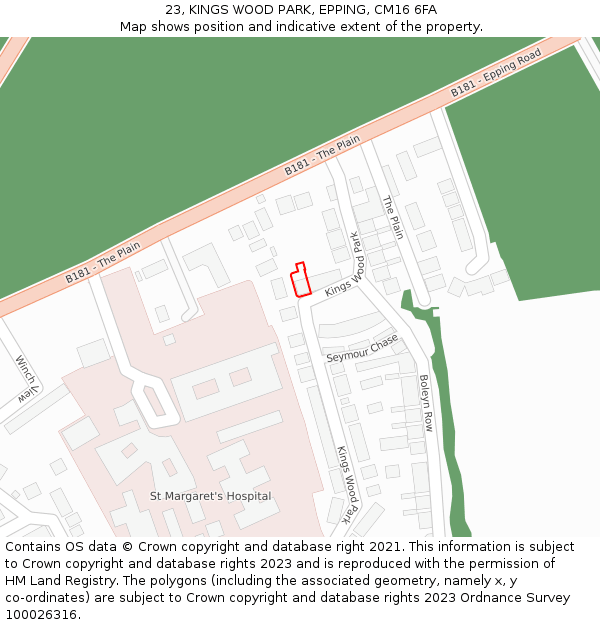 23, KINGS WOOD PARK, EPPING, CM16 6FA: Location map and indicative extent of plot