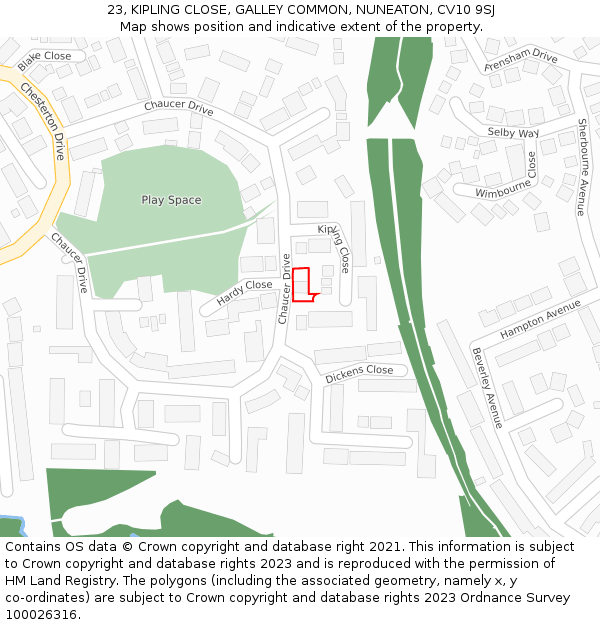 23, KIPLING CLOSE, GALLEY COMMON, NUNEATON, CV10 9SJ: Location map and indicative extent of plot
