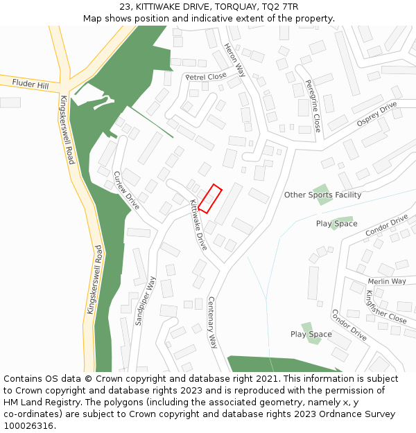 23, KITTIWAKE DRIVE, TORQUAY, TQ2 7TR: Location map and indicative extent of plot