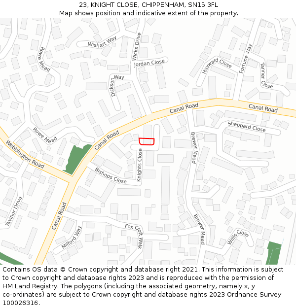 23, KNIGHT CLOSE, CHIPPENHAM, SN15 3FL: Location map and indicative extent of plot