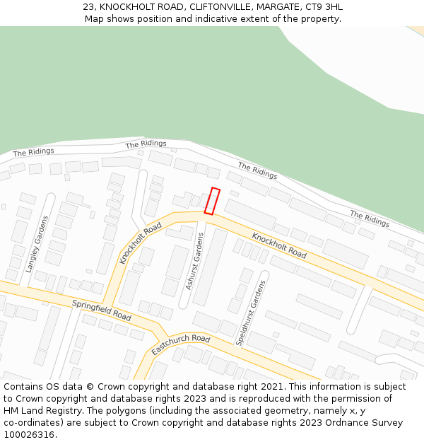 23, KNOCKHOLT ROAD, CLIFTONVILLE, MARGATE, CT9 3HL: Location map and indicative extent of plot