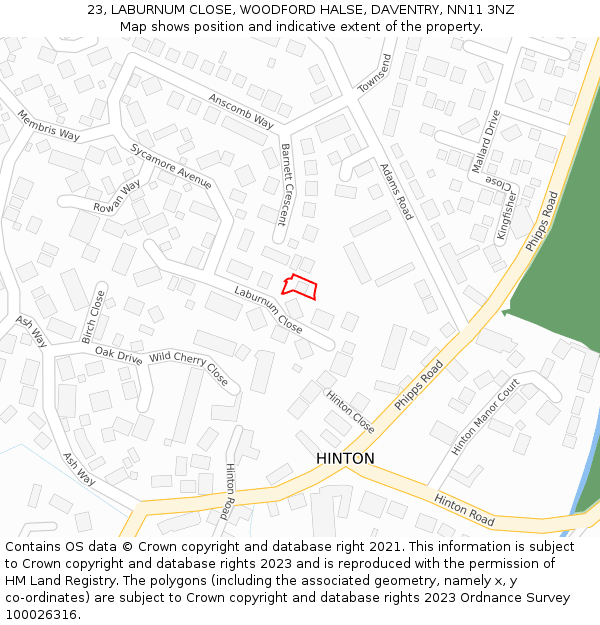 23, LABURNUM CLOSE, WOODFORD HALSE, DAVENTRY, NN11 3NZ: Location map and indicative extent of plot