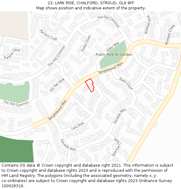 23, LARK RISE, CHALFORD, STROUD, GL6 8FF: Location map and indicative extent of plot