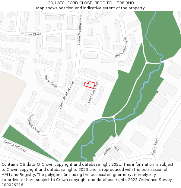 23, LATCHFORD CLOSE, REDDITCH, B98 9NQ: Location map and indicative extent of plot